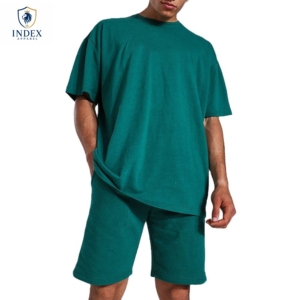 Conjunto de Camiseta de Cuello Redondo Verde para Hombre, INDEX APPAREL, de Algodón Tejido, Informal, de Verano, de 2 Piezas, Color Sólido, Manga Corta, Pantalones Cortos - Product Image 1