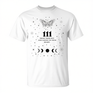 Camiseta con Número de Ángel 111, Fases Lunares con Mariposas, Mensaje Espiritual, Cuello Redondo Blanco, Unisex para Adultos, Manga Corta, Impresión Digital - Product Image 2