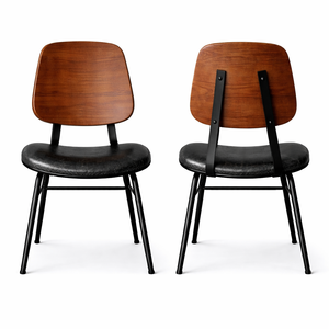 Silla de Comedor de Cuero Genuino con Respaldo de Madera Maciza, Asiento Industrial para Restaurante, Estructura Metálica Vintage, Mueble de Contrato, No Plegable - Product Image 1