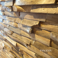Série artisanale Pangestu, bois de teck recyclé 3D, écologique, géométrique, courbes lisses, moderne, rustique, insonorisant, appartement