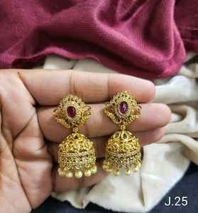 Religious Jewelry From India Kemp Jewelry Matte Gold Polish Designer Party Wear Jewelry Accessories Womens Jhumka Earrings Set - Product Image 1