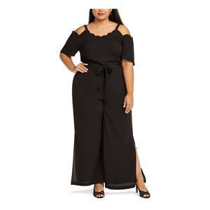 Tuta intera da donna Monteau nera a vita alta con scollo all'americana, vestibilità ampia, stile club, stampa midi, taglie forti 1X, perfetta per l'estate - Product Image 1