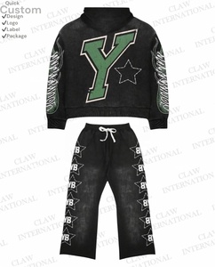 Acid Wash Sweat Suits Cotton Thick Zip up Applique Embroidery <b>Patch</b> Flared Full Tracksuits Hoodies and Sweatpants Sets for Men - Product Image 2