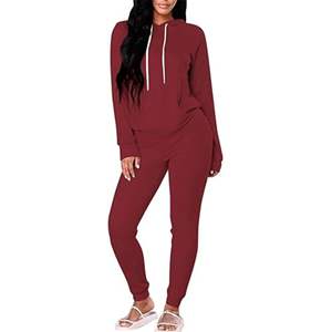 Conjunto de dos piezas transpirable de Invierno para mujer, jersey de manga larga con capucha y pantalones de chándal para correr, conjunto de chándal de salón tejido - Product Image 3