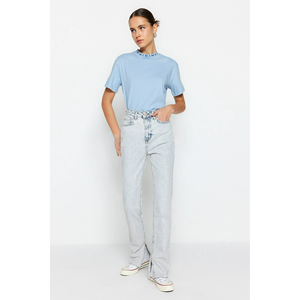 Pantalones vaqueros acampanados de pierna recta de cintura alta para mujer, pantalones vaqueros altos acampanados sólidos de Color sólido para mujer - Product Image 1