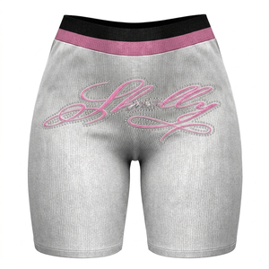 Shorts de sport en coton côtelé premium 260 GSM avec élasthanne, gris et rose, ceinture avec logo en strass, shorts personnalisés pour femmes - Product Image 1