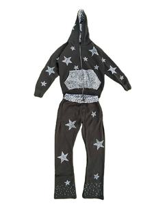 Nouvelle mode, vêtements de rue pour adultes, sweat à capuche à fermeture éclair très vendu, pantalon évasé doublé de satin, coton, imprimé personnalisé, survêtement avec strass - Product Image 2