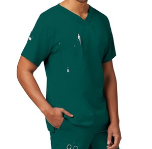 Uniforme d'infirmière à manches courtes pour hommes, col en V ouvert, 3 poches, couleur unie, avec boucle contrastée, uniforme d'hôpital à l'avant. - Product Image 4