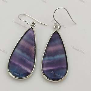 Boucles d'oreilles pendantes en argent sterling 925 avec fluorite, bijoux bohèmes uniques faits à la main, forme poire, fluorite naturelle, tendance et originales - Product Image 4