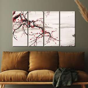 Toile imprimée avec motif de fleurs de cerisier : Art mural zen élégant pour une décoration paisible, 4P : encadré - Product Image 1