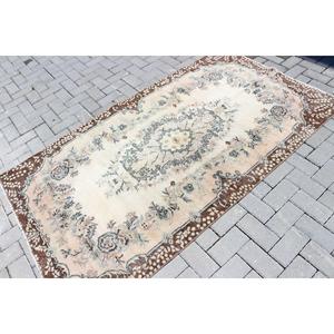 Vintage Area Rug 3.7x6.8 ft, Turkish <b>Brown</b> Floral <b>Wool</b> Rug - Product Image 2