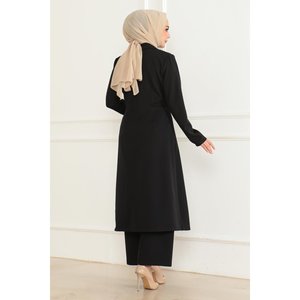 Conjunto de Dos Piezas Casual Negro MSW19219-1 con Cierre de Cremallera y Detalle de Botones, Top Largo Talla XXS y Pantalones Cortos a la Altura de la Rodilla - Product Image 4