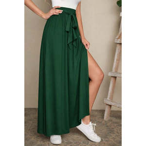Jupe longue fendue sur le côté à taille haute avec ceinture pour femme, 37502 - Vert - Product Image 3