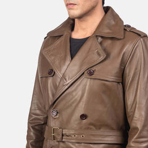 Royson <b>Men's</b> Stylish Brown Leather Duster <b>Coat</b> Hooded Overcoat Trench Blazer Pattern Heavy Fabric Knitted Warm Button Fur Print - Product Image 5