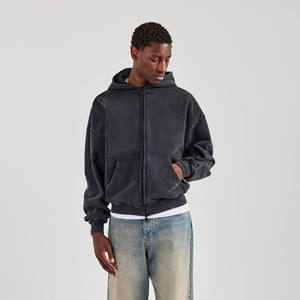 Men 450 GSM French <b>Terry</b> Zip Up Hoodie Vintage Acid Wash Distressed Streetwear Custom Black Washed Casual <b>Bulk</b> Wholesale OEM - Product Image 3