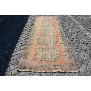 Tapis Vintage en Laine Bleu Orange Fait à la Main 4.1X11 Pieds Rectangulaire Patchwork Design pour Entrée Latex d'Été pour Entrée Couloir - Product Image 1