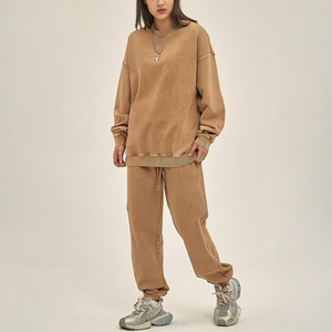 Automne femmes surdimensionné lavage à l'acide coton éponge col rond sweats longs à capuche avant décontracté hiver deux pièces ensemble - Product Image 2