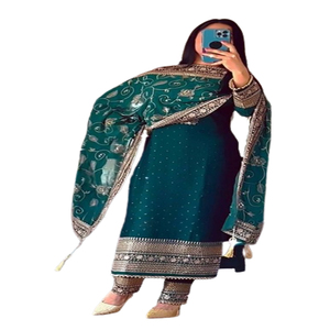2024 exclusif semi-cousu en soie de qualité lourde Salwar Kameez costume ethnique style pakistanais avec manches complètes et Dupatta - Product Image 1