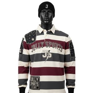 Maillot de rugby pour homme en coton premium 260 GSM, rayures teintes en fil, design à panneaux avec broderie, appliqué, logo à clous, vêtements décontractés personnalisés - Product Image 1