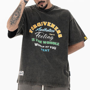 T-shirt pour homme en coton tissé sur mesure, délavé à l'acide, style streetwear - Noir, impression sérigraphique de haute qualité - Product Image 4