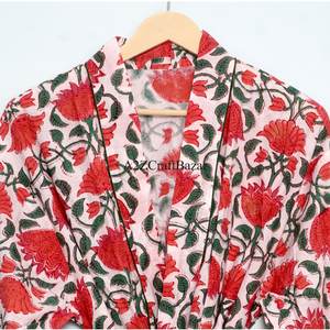 Women's 100% Cotton Free Size Floral Indian Dressing Gown Robe Hand Block red floral Kimono Bathrobe Adjustable <b>Belt</b> for Autumn - Product Image 4
