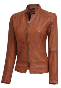 Meilleure vente veste en cuir marron clair pour femmes col montant d'hiver processus tricoté respirant écologique séchage rapide solide - Product Image 2