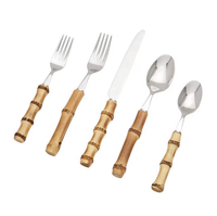 Ensemble de couverts en acier inoxydable 5 pièces avec manche style bambou, cuillère, fourchette, couteau pour la maison, la cuisine, la salle à manger