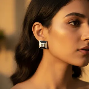 Geometric Square <b>Stud</b> Earrings With Princess Cut Diamond Bezel Setting Black Gun Plated Alloy Women's Classic Party Jewelry - Product Image 1