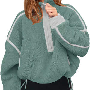 Sudadera con capucha de forro polar para mujer, manga larga, informal, con ribete en contraste, holgada, ecológica, con cierre frontal - Product Image 1