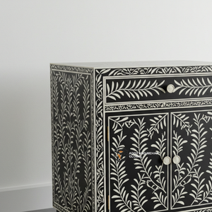 Chevet artisanal moderne écologique en incrustation d'os avec motif floral complexe, plateau en bois à deux tiroirs pour salon - Product Image 4