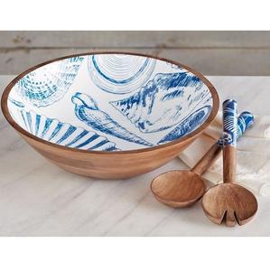 Grand bol de service en bois d'aspect bambou fait à la main, ustensiles de cuisine écologiques avec intérieur en émail floral, saladier de fruits décoratif - Product Image 2