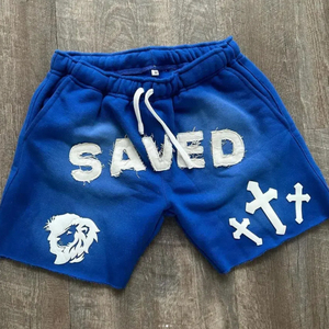 <b>Men's</b> High Street Summer Acid Wash <b>Shorts</b> Vintage Sun Fade Embroidery Applique <b>Patch</b> Distressed Cotton Sweat Custom Drawstrings - Product Image 1