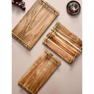 <b>Set</b> of 3 <b>Antique</b> Design Premium Quality Wooden Serving Tray <b>Set</b> With Golden Finished Handle With Different Size at Sale Price - Product Image 1