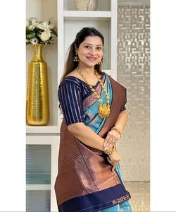 SAREE DE SEDA LICI CON TRABAJO DE JACQUARD MÁS SELECCIONADO, CON BLUSA SIN COSTURAR, PARA FIESTAS Y FESTIVALES, PRECIO AL POR MAYOR, PRENDAS ÉTNICAS, COLOR AZUL CIELO - Product Image 5