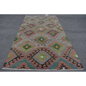 Alfombra étnica para sala de estar, alfombra turca clásica, 9,7 5,5 x pies, diseño de retazos verde y naranja, látex de lana y viscosa para uso en el pasillo - Product Image 1