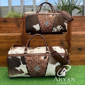 Bolsa de fin de semana de cuero genuino con estampado de cuadros Unisex, conjuntos combinados de bolsa de lona de viaje de piel de vaca, superventas - Product Image 1
