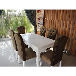 Ensemble de salle à manger moderne capitonné 7 pièces, table rectangulaire et chaises rembourrées, mobilier de banquet marron et blanc - Product Image 2