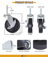 Roue pivotante de 4 pouces en polypropylène et acier avec tige filetée 3/8" x 38 mm et frein pour chariot