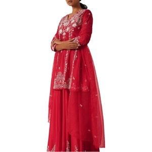 Ensemble de palazzo Kurti à paillettes rouges vente en gros de vêtements ethniques pour femmes fournisseur d'usine de vêtements OEM tenue de mariage personnalisée - Product Image 4