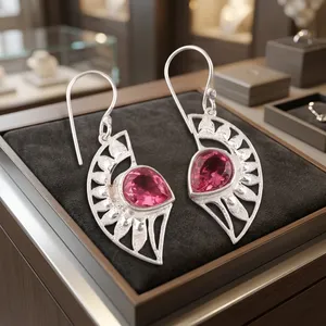 Women's Ethnic 925 Sterling Silver Bohemia Drop <b>Earrings</b> Freshwater <b>Pearl</b> <b>Pink</b> Tourmaline Bezel Setting Flower Pattern Everyday - Product Image 5