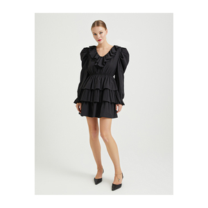 Women's Very Colorful V-Neck Balloon Sleeve Pleated Poplin Dress Unlined TR Origin - Product Image 3