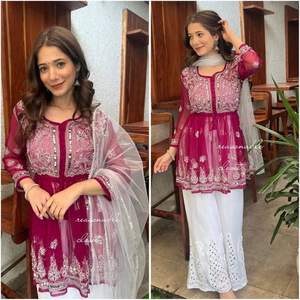 Presenting New Designer Party Wear Georgette Heavy Real Mirror Work With Embroidery <b>Top</b> and Palazzo With Sequence Work Dupatta - Product Image 5