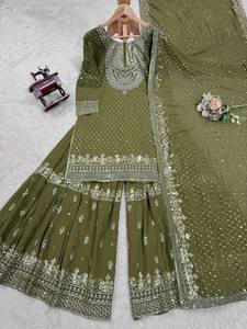Deseable Fancy Faux Georgette bordado Top y pantalón de trabajo con Dupatta tradicional Salwar Kameez para fiestas - Product Image 4