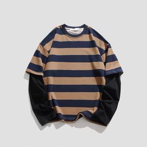 High Quality Custom logo DTG Print <b>Long</b> <b>Sleeves</b> Oversized Men French Terry Double Layer Stripe Patchwork Causal <b>Shirt</b> - Product Image 6