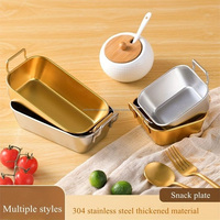 Vente en gros 18/8 304 Assiette carrée à collation dorée coréenne en acier inoxydable Panier à frites Assiette à dessert avec plateau à double poignée