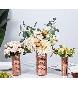 Juego de 3 jarrones de flores de cilindro alto de Metal de tono cobre para decoración de mesa de hogar y oficina florero martillado - Product Image 1