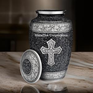 โกศบรรจุอัฐิแบบอเมริกันคลาสสิก ผิวสัมผัสหินอ่อนสีดำ ทำจากโลหะ สลักลายกางเขน สำหรับพิธีศพ - Product Image 5