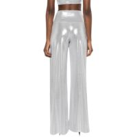 Norma Kamali pantalon évasé métallique ton argent conception extensible taille haute longue longueur mode moderne cloche bas pantalon