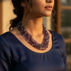 Collar de Piedras Preciosas Moradas de Múltiples Hilos para Mujer, Joyería Religiosa/de Moda con Turquesa y Perla para Boda o Regalo - Product Image 1