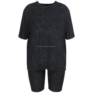 Verano nueva moda mujer ropa 2 piezas camiseta y conjunto corto de tela suave de talla grande lavado ácido Biker conjunto corto de dos piezas - Product Image 4